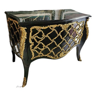 Black French Boulle-Style Commode – Sculpted Gold Leaf & Bronze Details With Radiating Wood Inlay For Sale