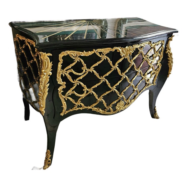 Black French Boulle-Style Commode – Sculpted Gold Leaf & Bronze Details With Radiating Wood Inlay For Sale