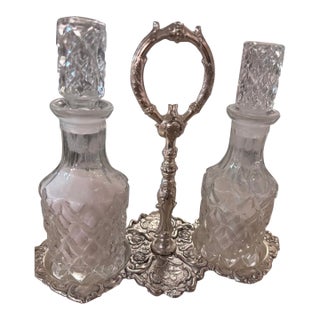 Antique Victorian Silver Plated Cut Glass Condiment Cruet Set - Set of 3 For Sale