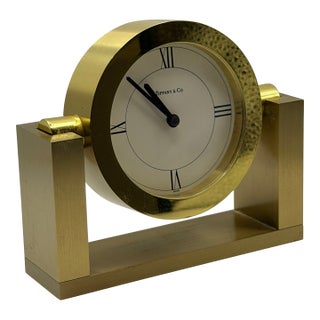 1980s Tiffany & Co. Polished Brass Desk Clock — Roman Numeral Dial, Modernist Design For Sale