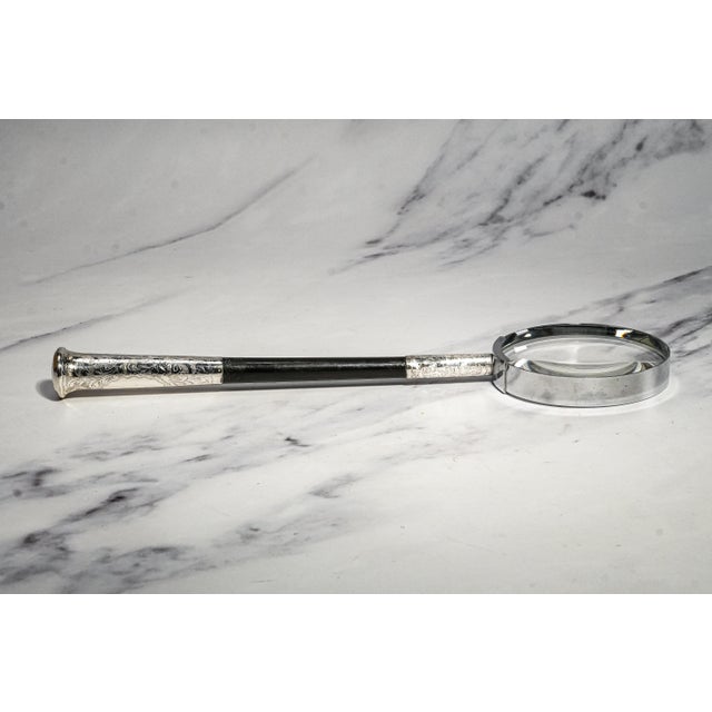 Luxury Antique Sterling Silver & Ebonized Wood Magnifying Glass Hand Engraved Library Desk Accessory For Sale - Image 9 of 13