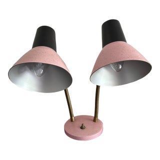 1950s Mid-Century Modern Dual Gooseneck Desk Lamp; Pink and Black Metal Cones For Sale