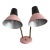 1950s Mid-Century Modern Dual Gooseneck Desk Lamp; Pink and Black Metal Cones For Sale