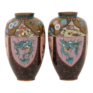 Pair of Japanese Cloisonne Enamel Pink & Purple Vases Phoenix Dragon Goldstone For Sale
