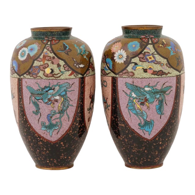 Pair of Japanese Cloisonne Enamel Pink & Purple Vases Phoenix Dragon Goldstone For Sale
