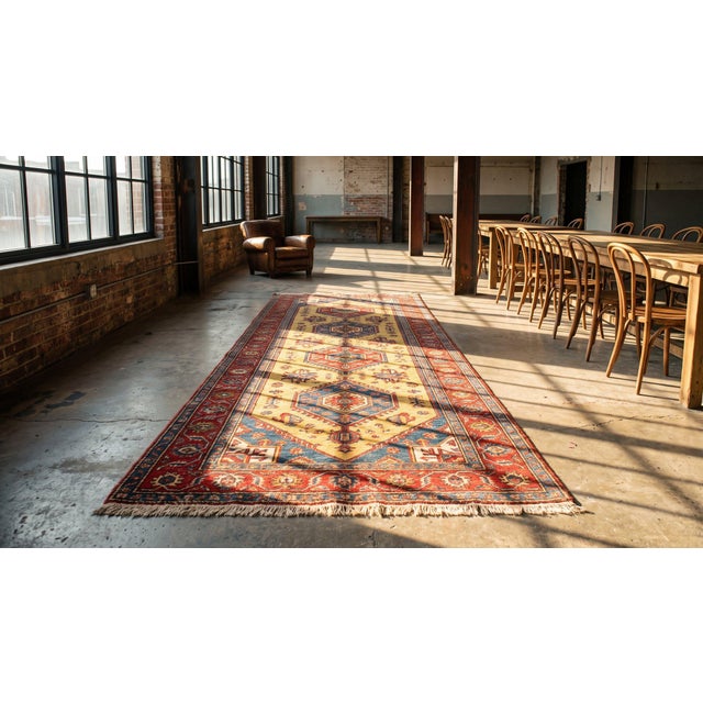 Canary Yellow 1900s Yellow Canary Geometric Hand Knotted Antique Caucasian Karabagh Rug 4'2" X 11' Wool Carpet For Sale - Image 8 of 8