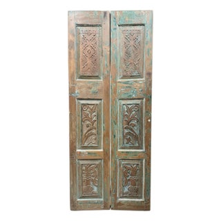 Hand-Carved Vintage Wood Double Doors – Distressed Blue Antique Barn Doors 80x32.5 For Sale