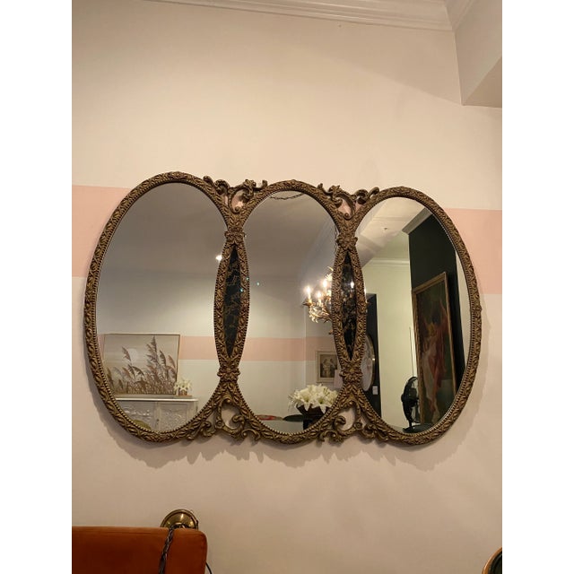 Vintage Mid Century Hollywood Regency Rococo Triple Ring Gilded Wood Mirror For Sale In Chicago - Image 6 of 7
