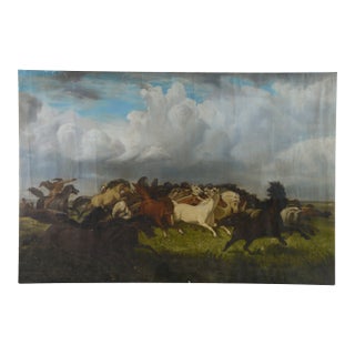 Vintage Oil Painting of Galloping Horses Under Expansive Sky For Sale