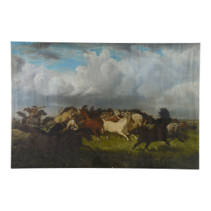 Vintage Oil Painting of Galloping Horses Under Expansive Sky