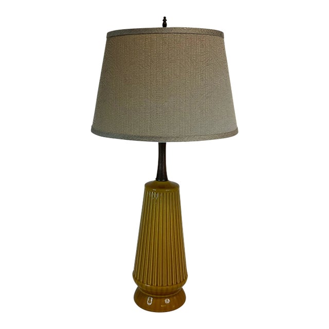 Mid-Century Modern Ceramic and Walnut Tall Table Lamp. | Chairish