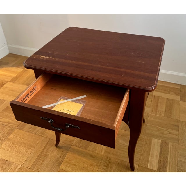 Ethan Allen French Provincial 2-Drawer Side Table, Cherry Finish, Cabriole Legs, Made in Usa For Sale - Image 12 of 18