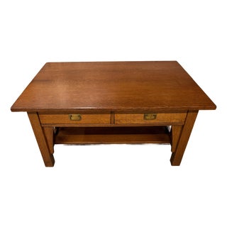 American Mission Quarter-Sawn Oak Coffee Table With Two Drawers and Lower Shelf, Circa 1890–1910 For Sale