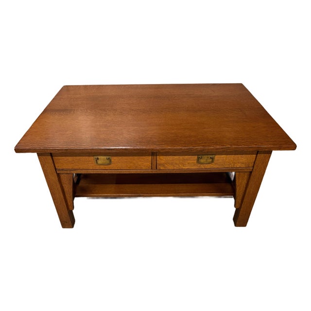 American Mission Quarter-Sawn Oak Coffee Table With Two Drawers and Lower Shelf, Circa 1890–1910 For Sale