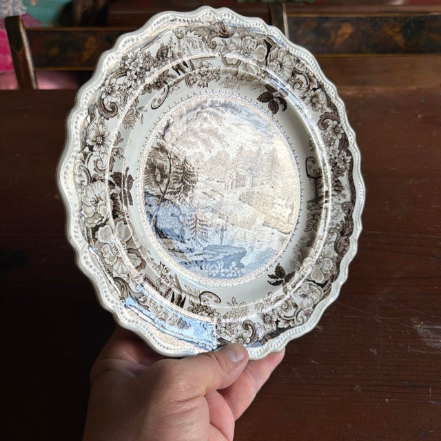 Antique Brown Transferware Staffordshire Plate, "Baker's Falls, Hudson River" For Sale - Image 13 of 14