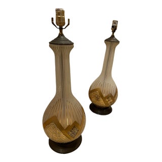 Mid 20th Century Mid-Century Modern Attributed to Fortune Lamp Co. Frosted Glass & Gilt Table Lamps, Pair For Sale