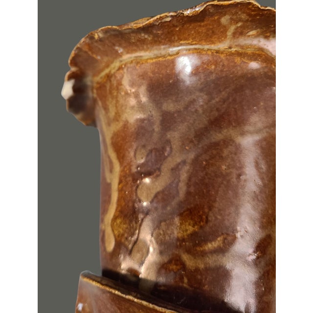 Brown Vintage Mud Glazed Pottery Folk Art Hand Molded Figural Face Vase For Sale - Image 8 of 10