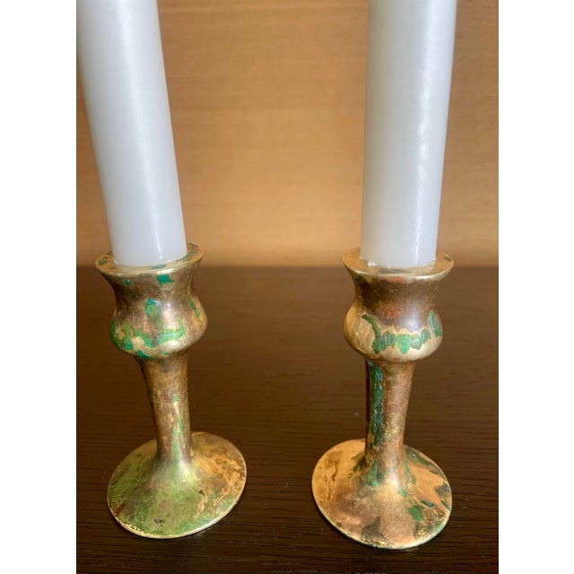 Heintz Art Metal Shop Antique Brass Hand-Spun Candlesticks With Natural Verdigris, Early 20th Century For Sale - Image 4 of 11