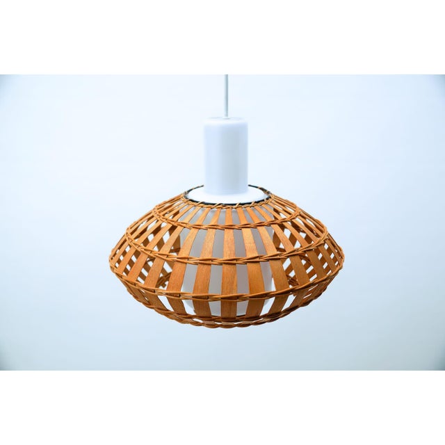Wood Opaline Glass and Wicker Ceiling Lamp, 1960s For Sale - Image 7 of 11
