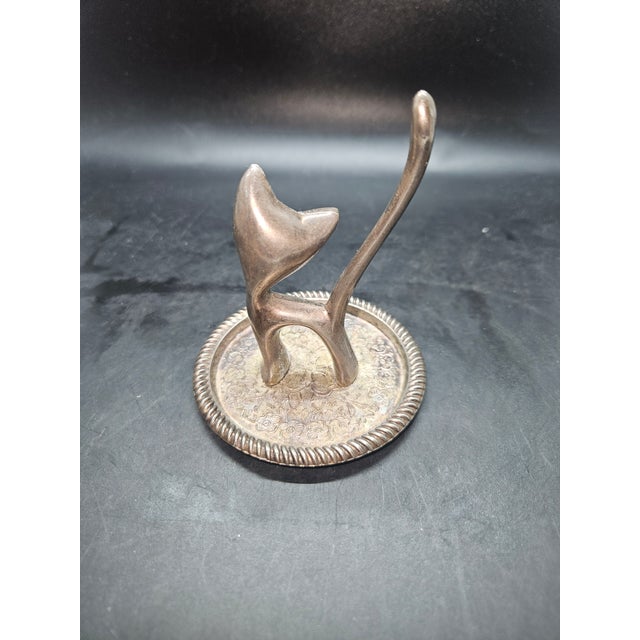 Vintage Cute Silver Plated Ring Holder Cat Interpur Dish Trinket Jewelry Etched