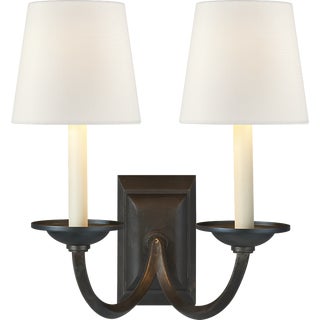 Chapman & Myers for Visual Comfort Signature Flemish Double Sconce in Aged Iron with Linen Shades For Sale