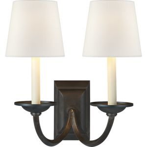 Chapman & Myers for Visual Comfort Signature Flemish Double Sconce in Aged Iron with Linen Shades