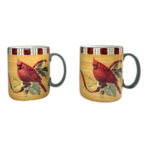 Lenox “Winter Greetings” Cardinal Mug - Set of 2, Red Ribbons, Cardinals on Holly, Berries, Golden Background