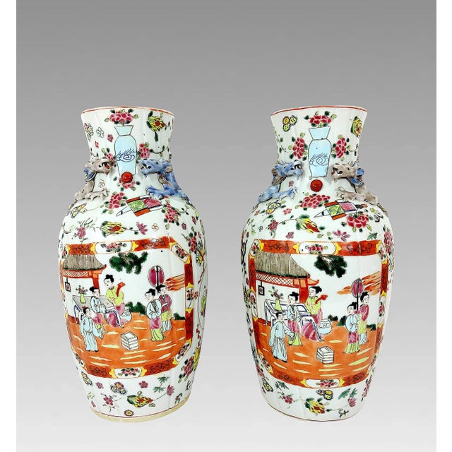 Early 20th Century Rare Antique "Linen Fold" Famille Rose Vases, Signed White Porcelain Chinese With Chimera, Republic Period, a Pair For Sale - Image 5 of 11
