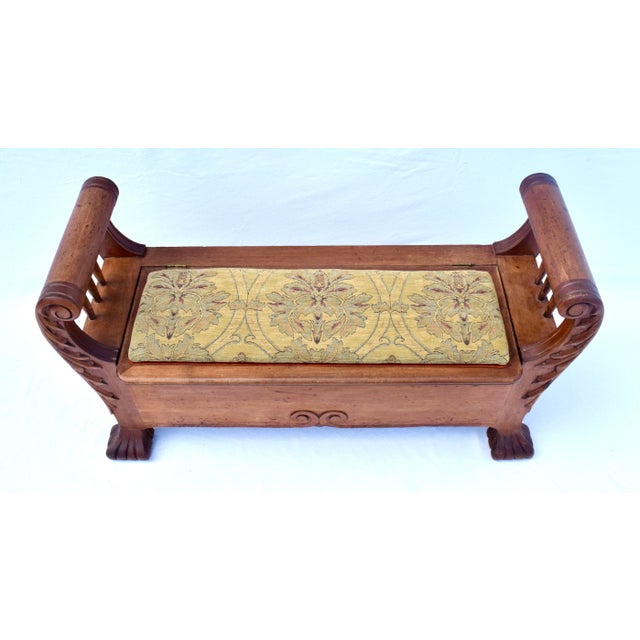 Late 19th C. custom quarter sawn select board White Oak storage bench with scroll arms and turned spindles embellished...