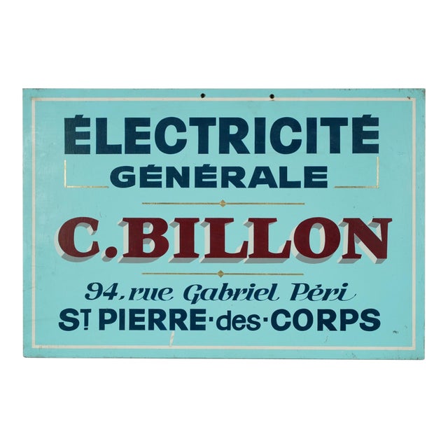 Vintage French Wood General Electricity Commercial Sign For Sale