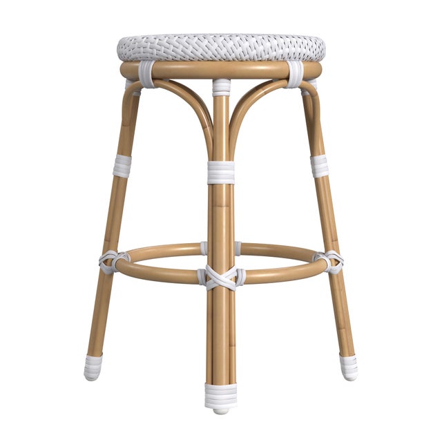 Spritely Home Accent Furniture Tobias 24.5 in. Seat Height Outdoor Rattan and Metal Backless Counter Stool, White For Sale - Image 4 of 7