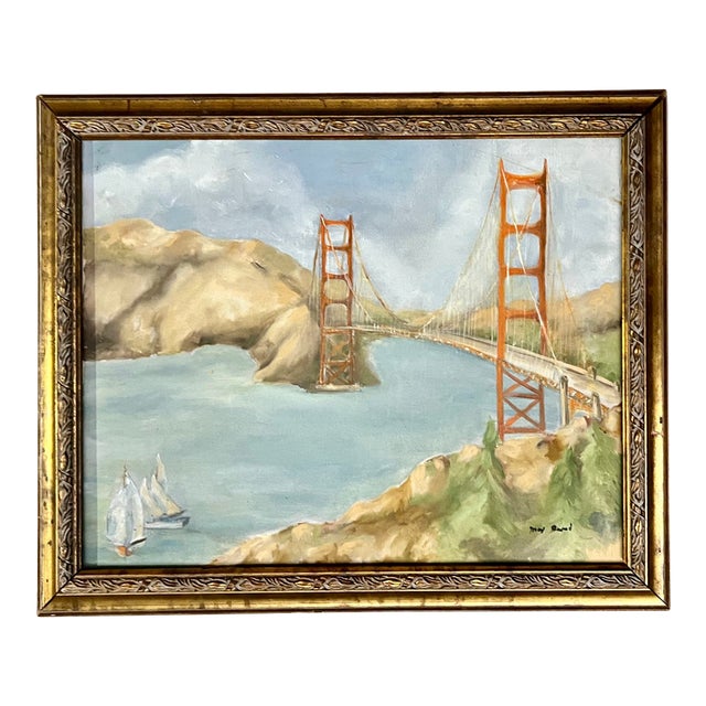 Vintage Golden Gate Bridge Oil Painting With Sailboats in Ornate Gilt Frame For Sale
