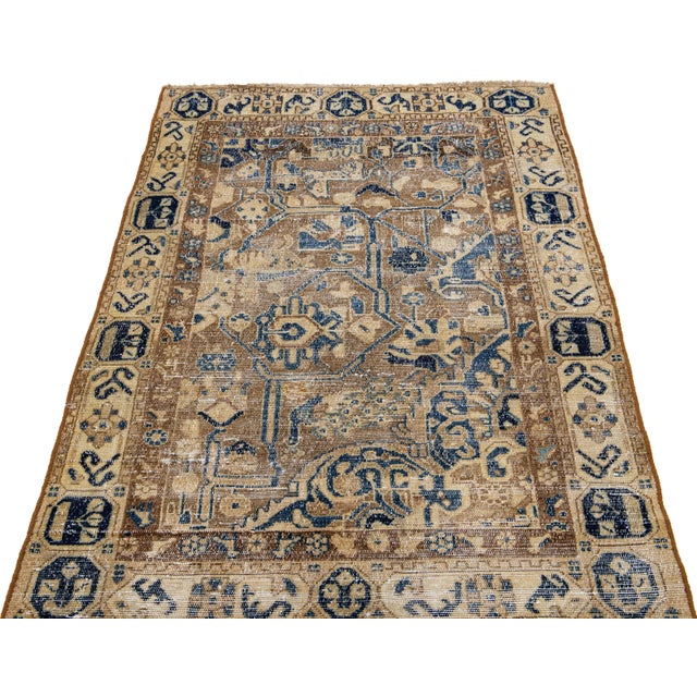 Persian Mid 20th Century Vintage Persian Distressed Brown Handmade Geometric Wool Rug For Sale - Image 3 of 9