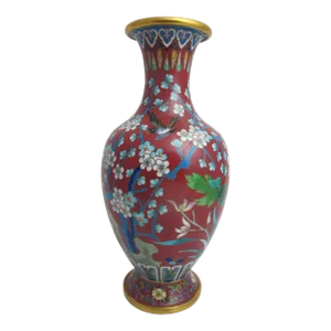 Vintage Chinese Red Gold Bird Peony Chrysanthemum Flower Cloisonne 9" Vase