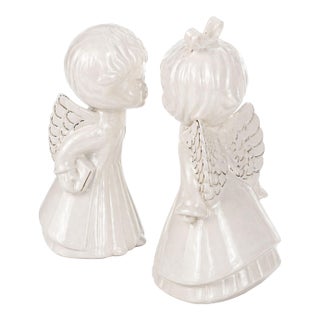 Vintage Porcelain Angel Figurines Pair Gold Trim Boy Girl Cherub Set of 2 For Sale