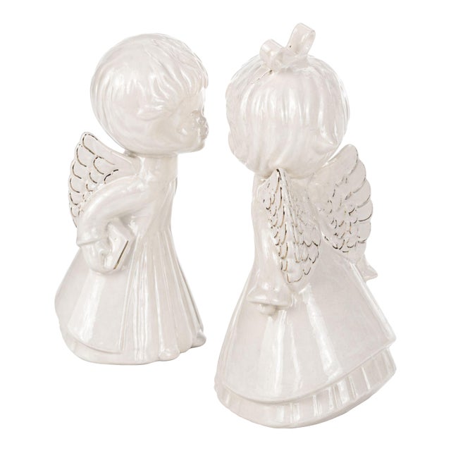 Vintage Porcelain Angel Figurines Pair Gold Trim Boy Girl Cherub Set of 2 For Sale