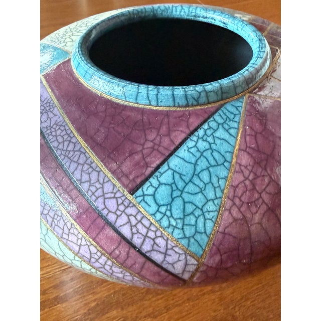 1990s 1998 Postmodern Mindy Brunn Handmade Geometric Signed and Dated Raku Ceramic 10" Centerpiece Lidded Vessel / Art Pottery For Sale - Image 5 of 18