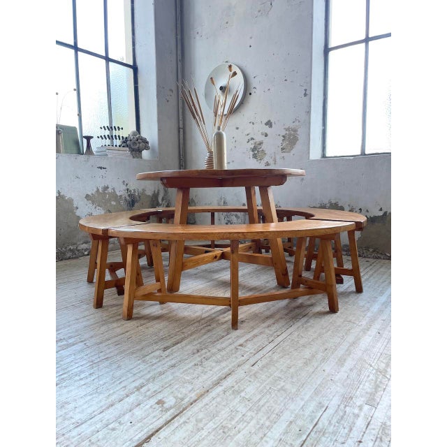Wood Round Table Set and Rounded Benches, 1950s, Set of 5 For Sale - Image 7 of 18
