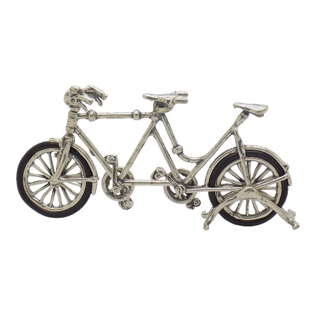 Vintage Italian Handmade Genuine Silver & Rubber Wheels Large Tandem Bicycle Miniature Figurine Made in Arezzo Tuscany For Sale