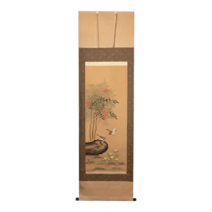 Early 20th Century Meiji to Early Showa Era Japanese Watercolor Scroll Painting. "Sparrows and Evergreen Japanese Skimmia"