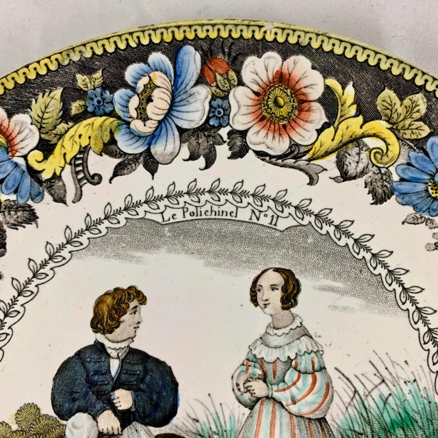 French Provincial Creil Polychrome Transferware Polychrome Plate – Le Polichinel, Circa 1830 For Sale - Image 3 of 10