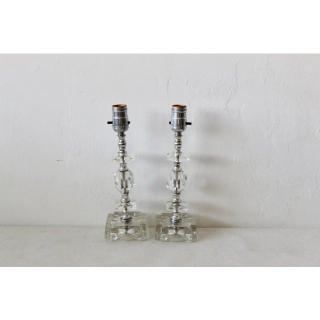 Vintage Mid Century Chrome Cut Glass Small Scale Table Lamps-a pair, no chips or cracks, tiny bits of rust