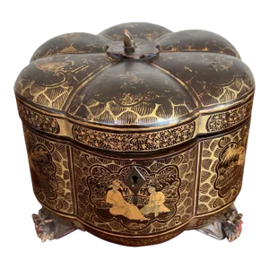 19th Century, Chinese Export Gilt Black Lacquer Melon Form Tea Caddy Box