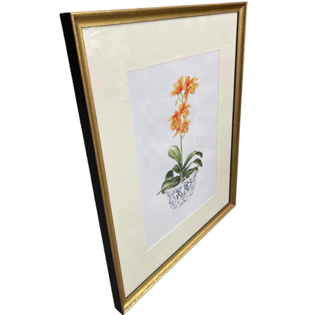 Chinoiserie Vintage Framed Botanical Art Print: Orange Orchid in Chinoiserie Porcelain Planter For Sale - Image 3 of 12