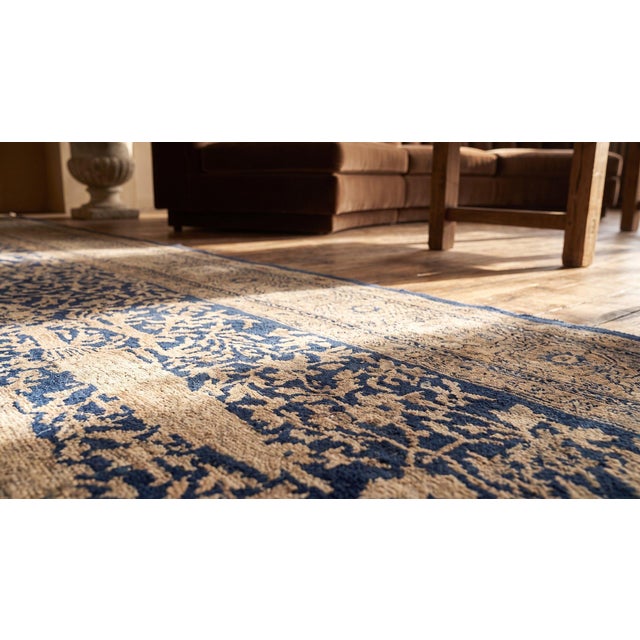 1920s Blue Navy Floral Traditional Antique Indian Lahore Rug 11'8" X 26'3" Hand Knotted Wool Carpet For Sale - Image 9 of 10