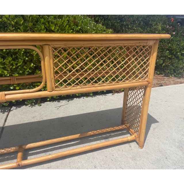 Late 20th Century Vintage Rattan Console Sofa Table Woven Trellis Design For Sale - Image 5 of 8