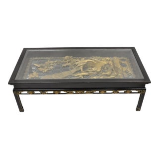 Mid 20th Century Vintage Chinese Relief Carved Ho Ho Bird Glass Top Display Black Coffee Table For Sale