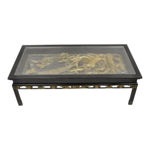Mid 20th Century Vintage Chinese Relief Carved Ho Ho Bird Glass Top Display Black Coffee Table