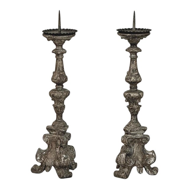 Pair of 18th Century Italian Baroque Silver Gilded Candlesticks For Sale