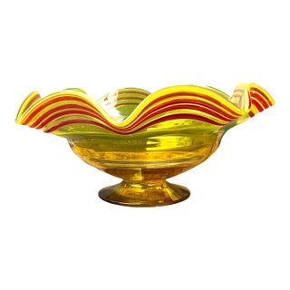Vintage Striped Murano-Style Glass Centerpiece Bowl For Sale